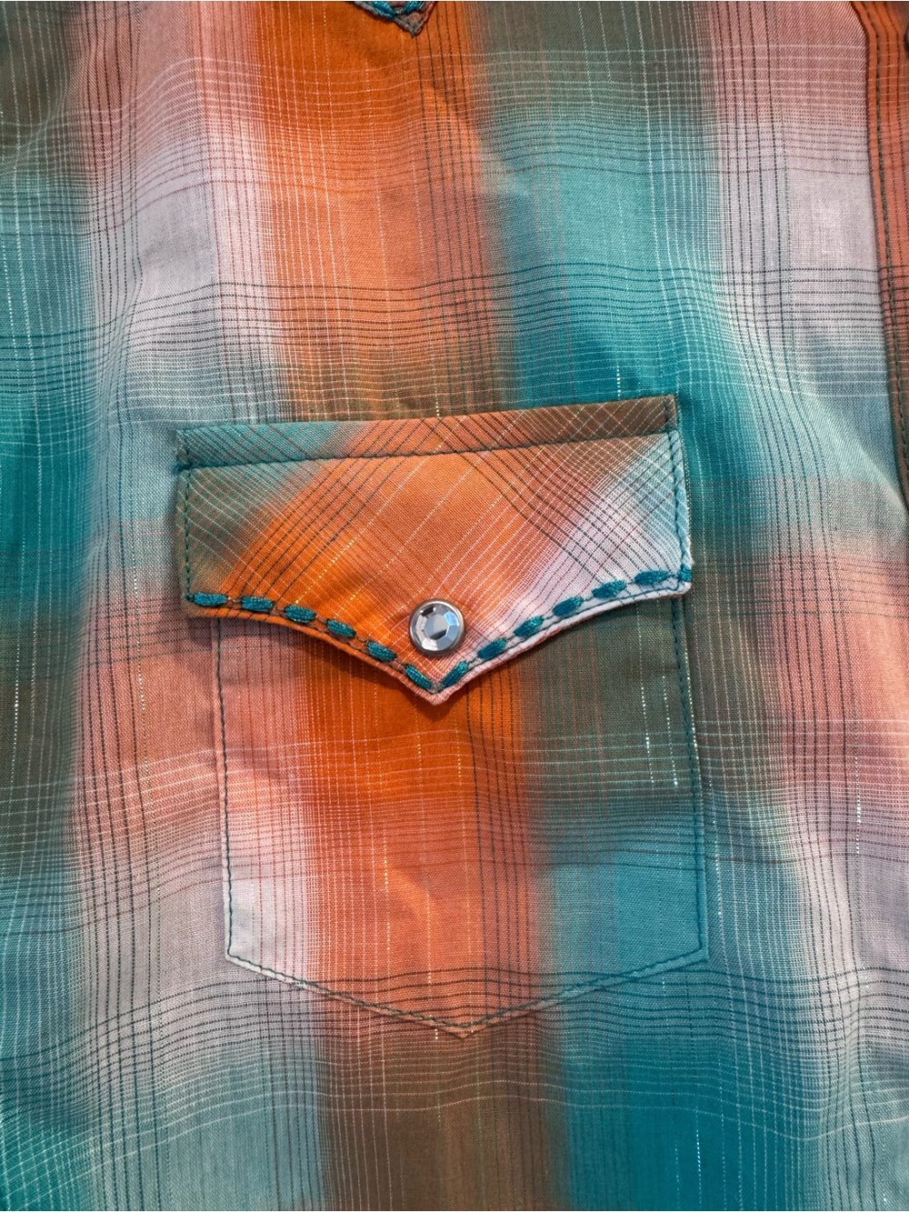 Wrangler Western Plaid Rhinestone Snap Shirt Turquoise Orange Size M - Picture 4 of 10
